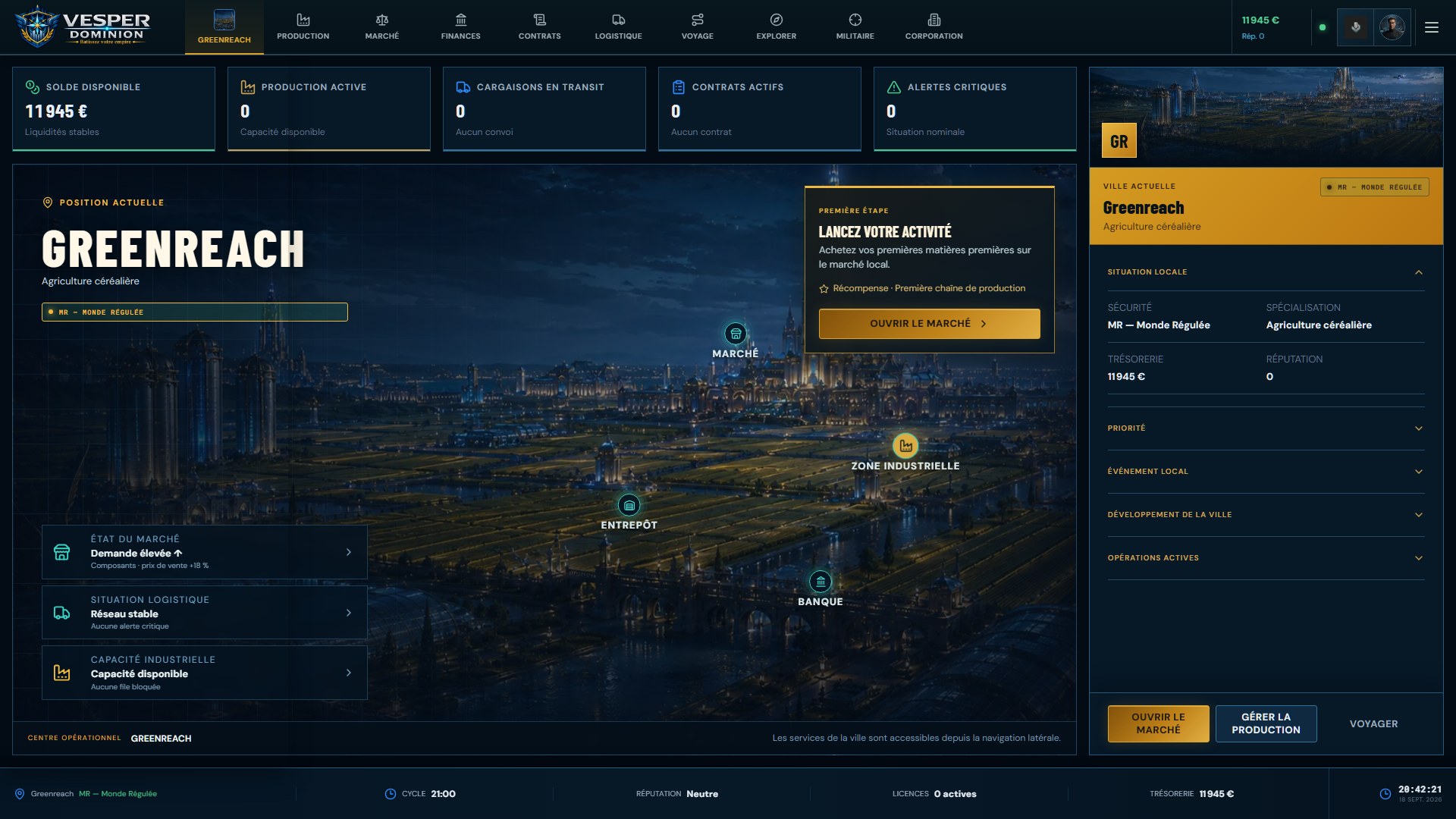 Tableau de bord de la ville de Greenreach dans Vesper Dominion